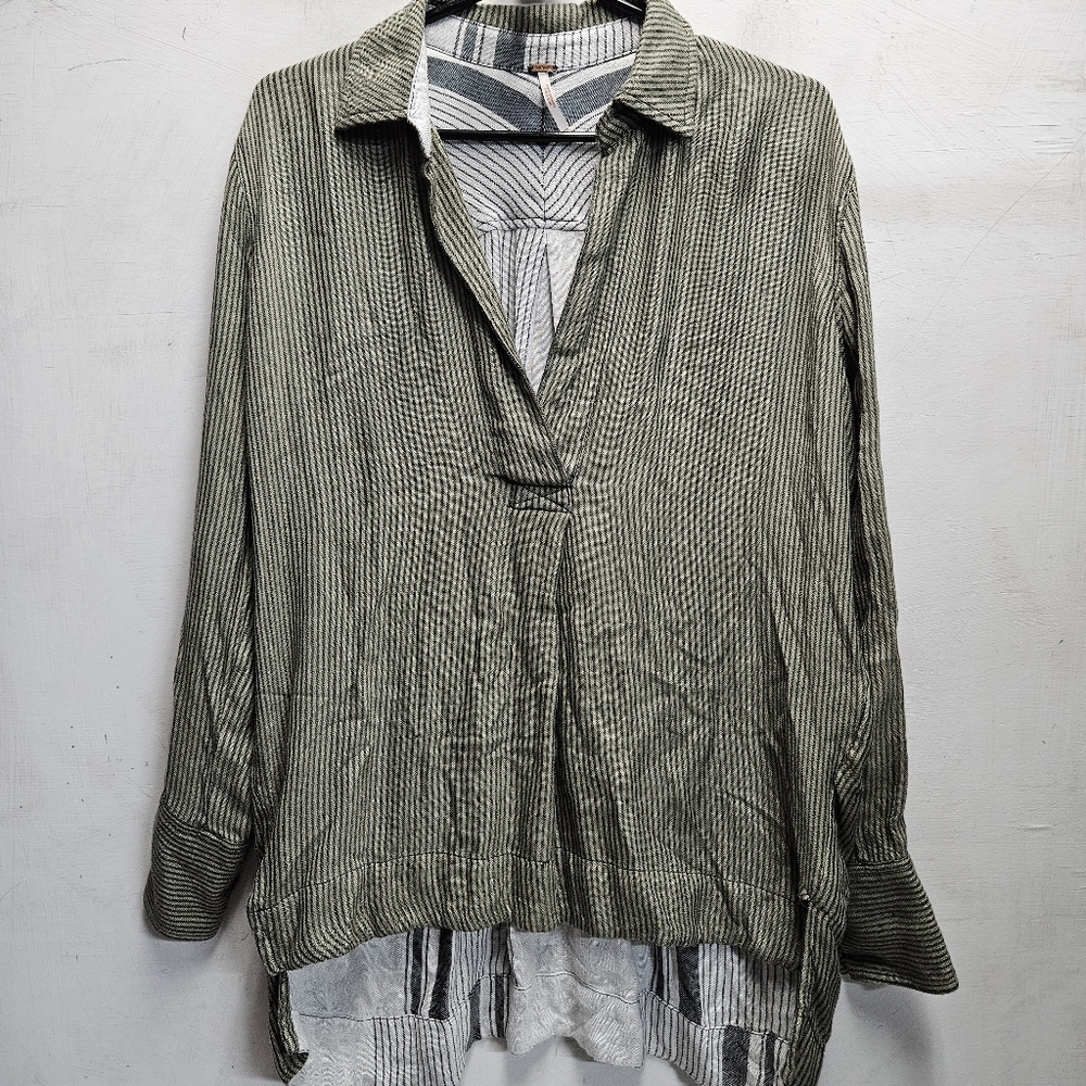 Free People On The Road Striped Oversized Shirt XS green black deep vneck